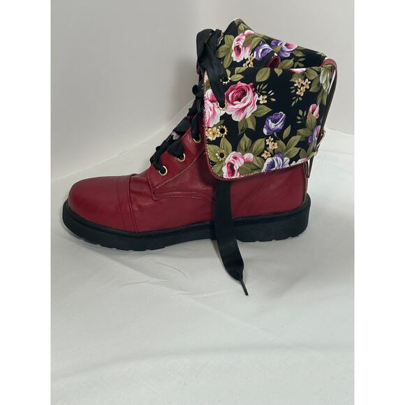 Women's Ribbon Lace up Cuff Floral Combat Boots Size 8.5-9 - Picture 7 of 10